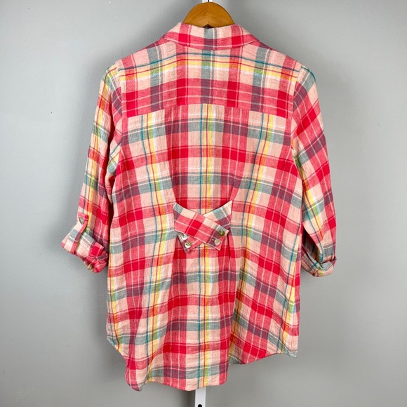 Soft Surroundings Shirt Top Womens‎ Small Pink Plaid 100% Linen Roll Tab Sleeve - Picture 5 of 7